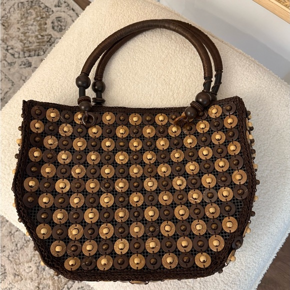 Brown and Tan Woven Handbag/ wood - Picture 2 of 2